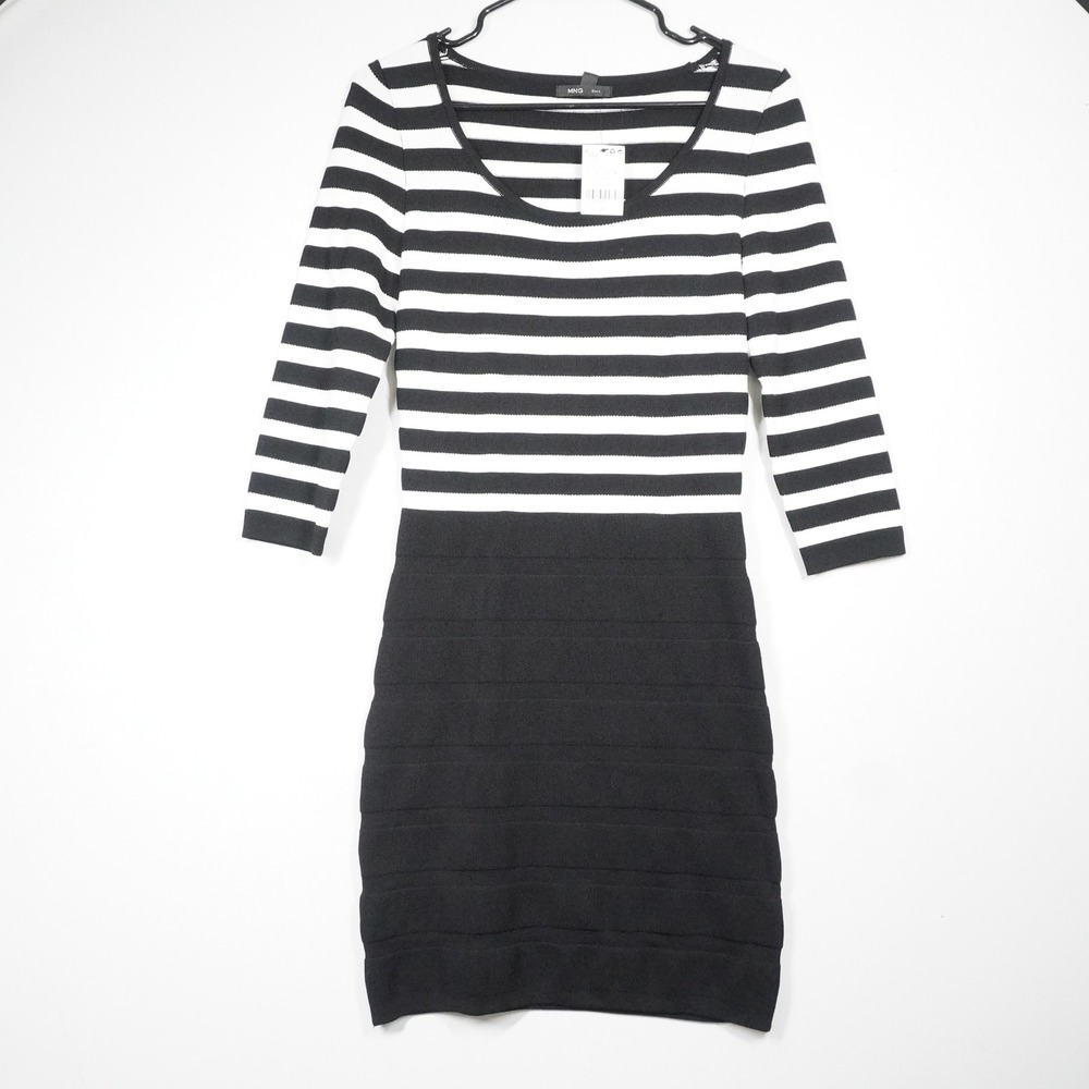 Mango Neda 3 Striped Knit Bandage Dress Black White Scoop Neck 3/4 Sleeve Size 6